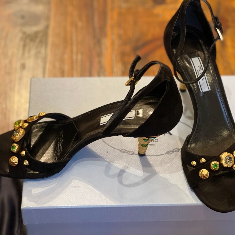 PRADA Black Suede Ankle Strap Sandals Metal Sculptural Gold Heel with Emeralds